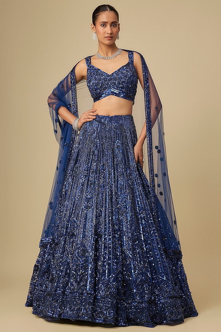 Deep Metallic Navy Blue Net Hand Embroidered Bridal Lehenga Set by OPUS ATELIER at Pernia's Pop Up Shop