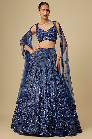 Deep Metallic Navy Blue Net Hand Embroidered Lehenga Set by OPUS ATELIER