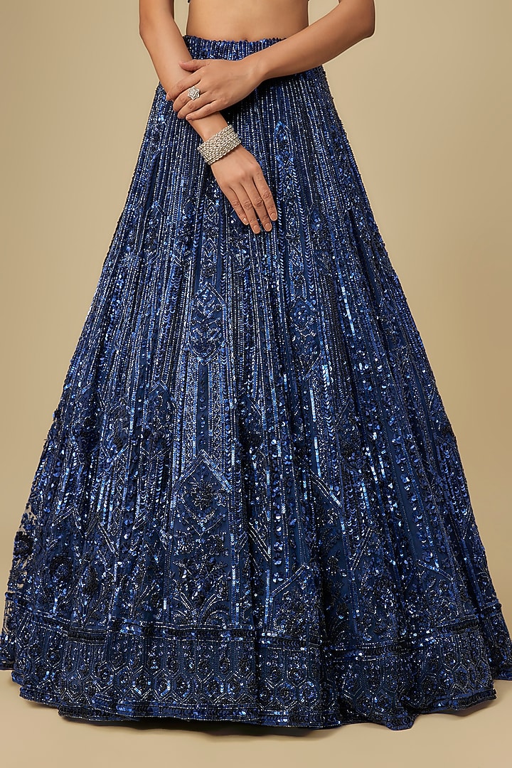 Deep Metallic Navy Blue Net Hand Embroidered Bridal Lehenga Set by OPUS ATELIER at Pernia's Pop Up Shop
