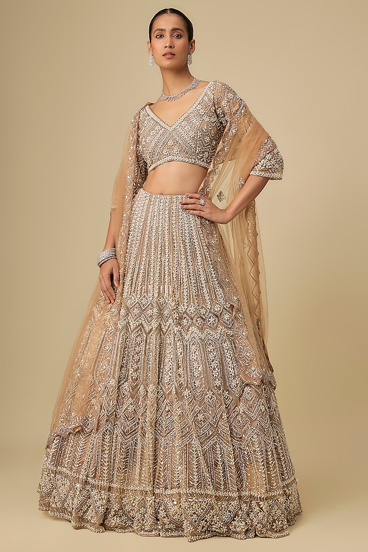 Beige Net Hand Embroidered Bridal Lehenga Set by OPUS ATELIER at Pernia's Pop Up Shop