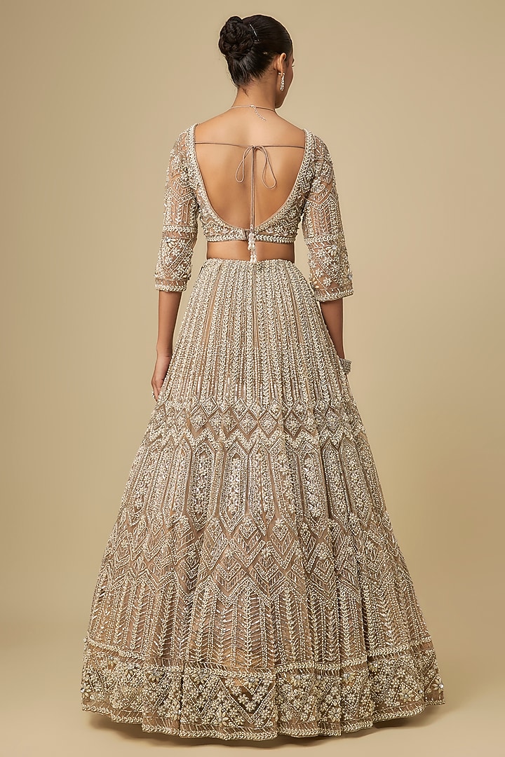 Beige Net Hand Embroidered Bridal Lehenga Set by OPUS ATELIER at Pernia's Pop Up Shop
