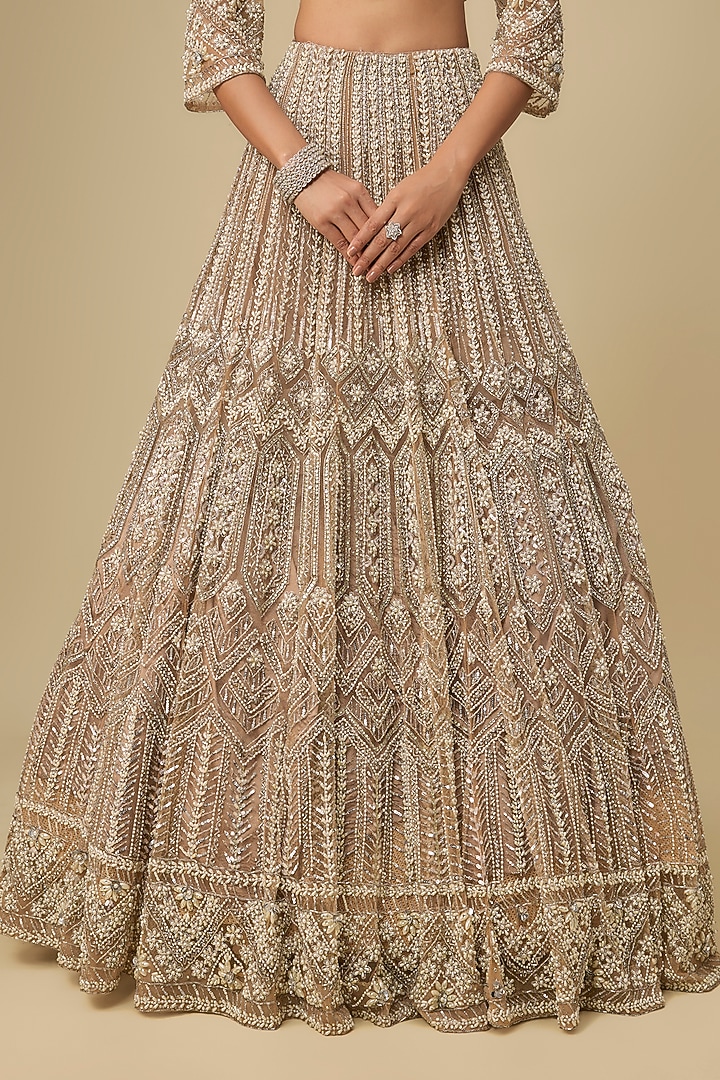 Beige Net Hand Embroidered Bridal Lehenga Set by OPUS ATELIER at Pernia's Pop Up Shop