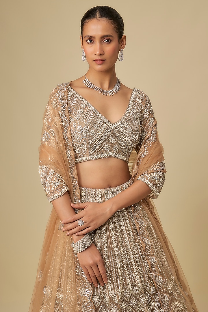 Beige Net Hand Embroidered Bridal Lehenga Set by OPUS ATELIER at Pernia's Pop Up Shop