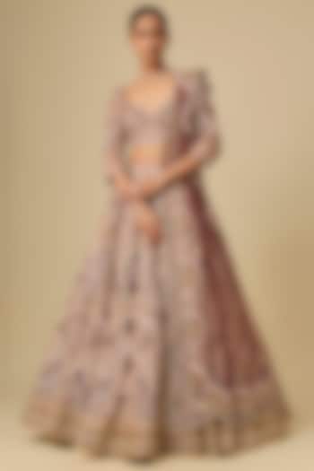 Brown Gold Net Hand Embroidered Bridal Lehenga Set by OPUS ATELIER at Pernia's Pop Up Shop