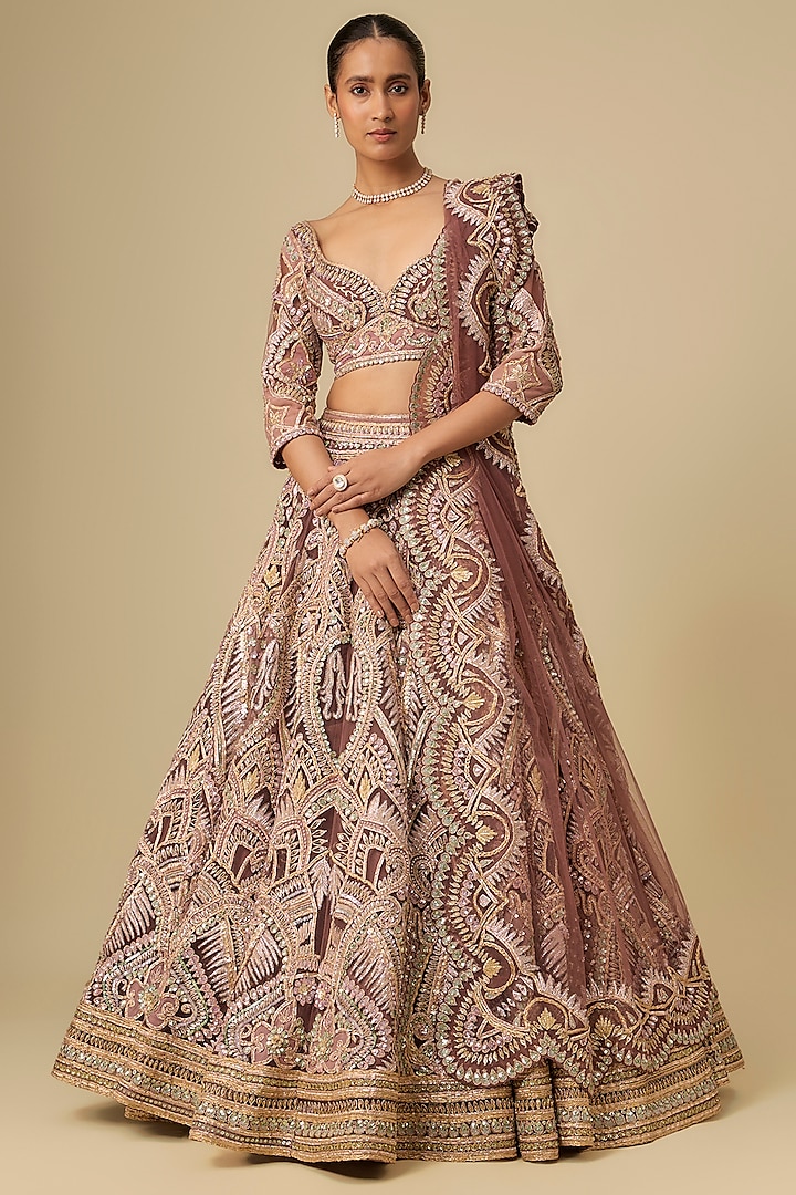 Brown Gold Net Hand Embroidered Bridal Lehenga Set by OPUS ATELIER at Pernia's Pop Up Shop