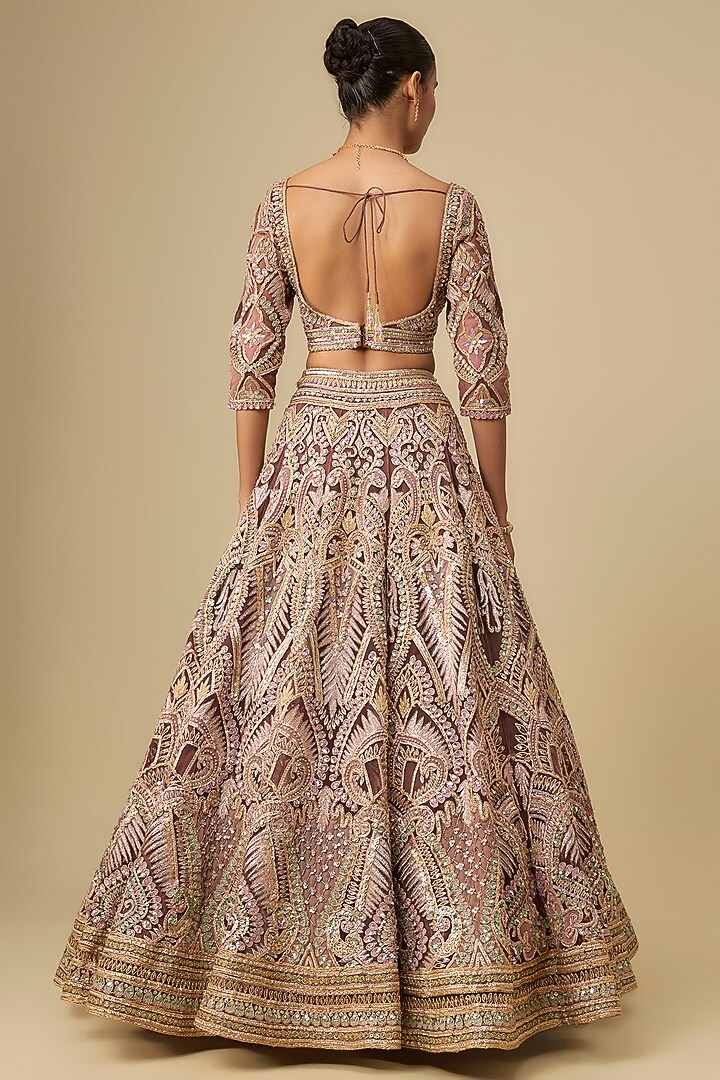 Brown Gold Net Hand Embroidered Bridal Lehenga Set by OPUS ATELIER at Pernia's Pop Up Shop