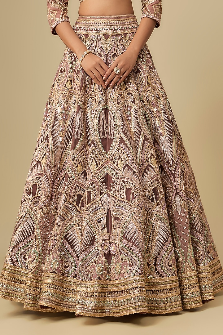 Brown Gold Net Hand Embroidered Bridal Lehenga Set by OPUS ATELIER at Pernia's Pop Up Shop