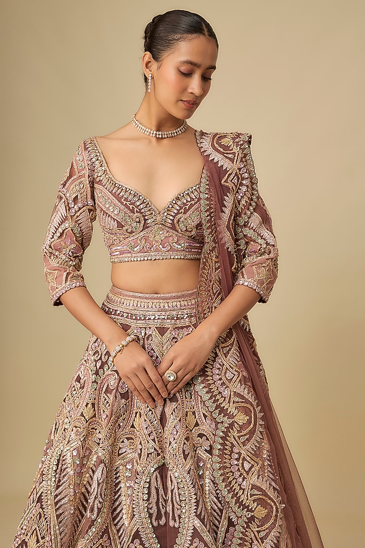 Brown Gold Net Hand Embroidered Bridal Lehenga Set by OPUS ATELIER at Pernia's Pop Up Shop