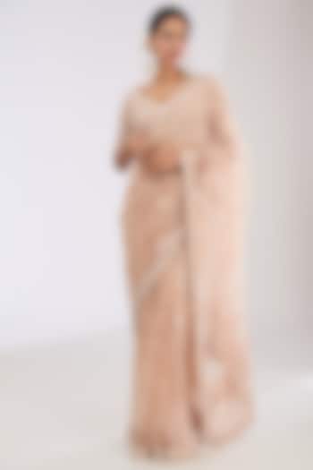 Light Peach Tulle Net & Crepe Hand Embroidered Wedding Saree Set by OPUS ATELIER at Pernia's Pop Up Shop