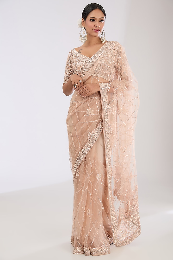 Light Peach Tulle Net & Crepe Hand Embroidered Wedding Saree Set by OPUS ATELIER at Pernia's Pop Up Shop
