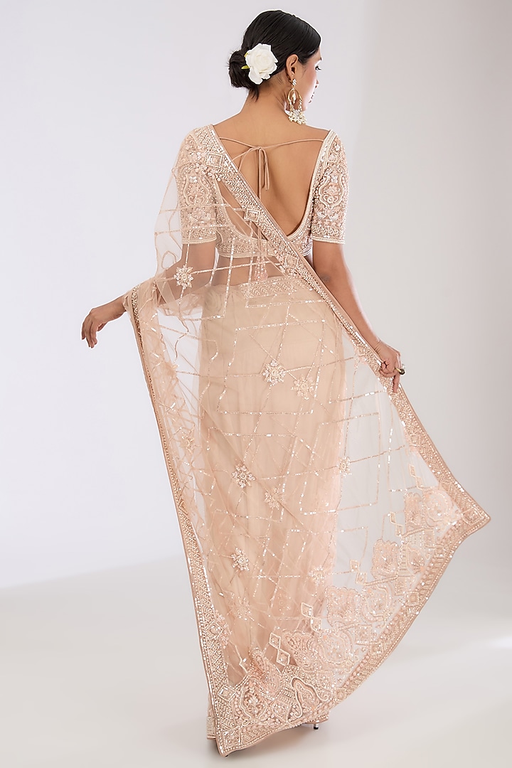 Light Peach Tulle Net & Crepe Hand Embroidered Wedding Saree Set by OPUS ATELIER at Pernia's Pop Up Shop