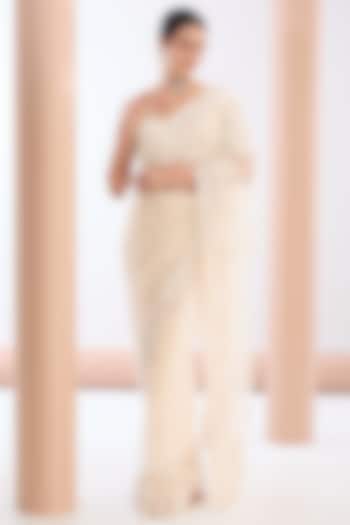 Ivory Tulle Net & Crepe Pearl Embellished Wedding Saree Set by OPUS ATELIER at Pernia's Pop Up Shop