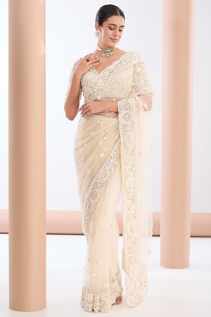 Ivory Tulle Net & Crepe Pearl Embellished Wedding Saree Set by OPUS ATELIER at Pernia's Pop Up Shop