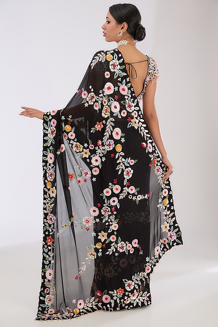 Black Georgette & Crepe Hand Embroidered Wedding Saree Set by OPUS ATELIER at Pernia's Pop Up Shop