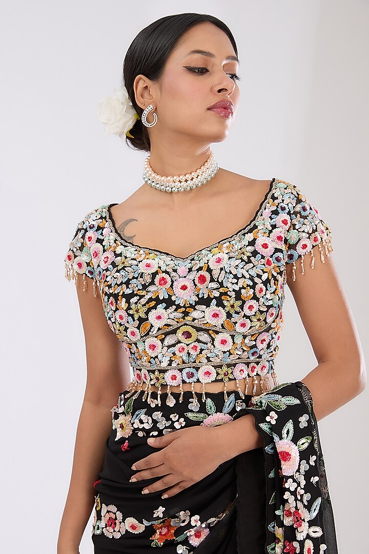 Black Georgette & Crepe Hand Embroidered Wedding Saree Set by OPUS ATELIER at Pernia's Pop Up Shop