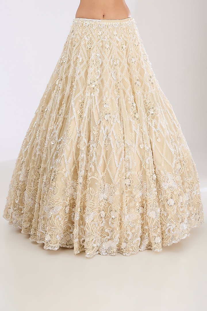 Ivory Tulle Net & Viscose Satin Hand Embroidered Bridal Lehenga Set by OPUS ATELIER at Pernia's Pop Up Shop