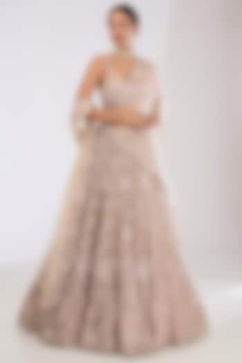 Dusty Peach Tulle Net Hand Embroidered Bridal Lehenga Set by OPUS ATELIER at Pernia's Pop Up Shop