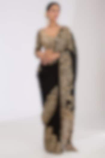 Black & Gold Georgette Hand Embroidered Reception Saree Set by OPUS ATELIER at Pernia's Pop Up Shop