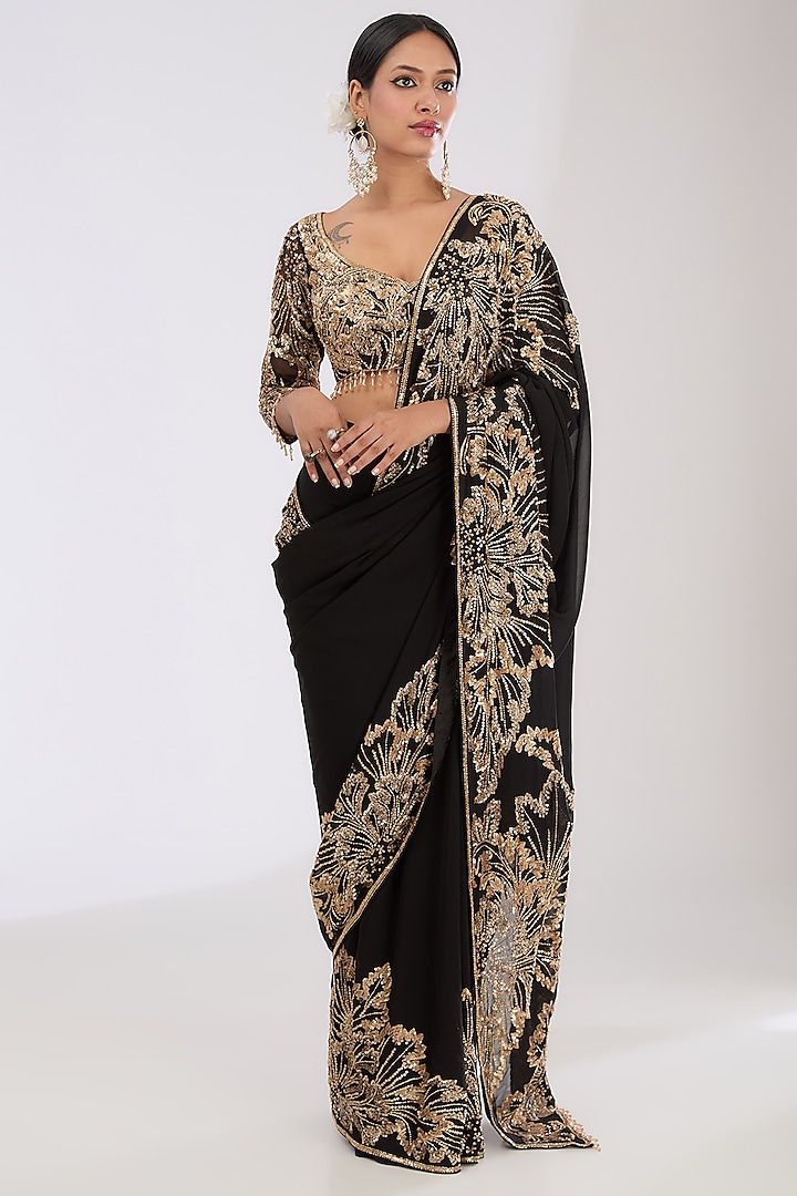 Black & Gold Georgette Hand Embroidered Reception Saree Set by OPUS ATELIER at Pernia's Pop Up Shop