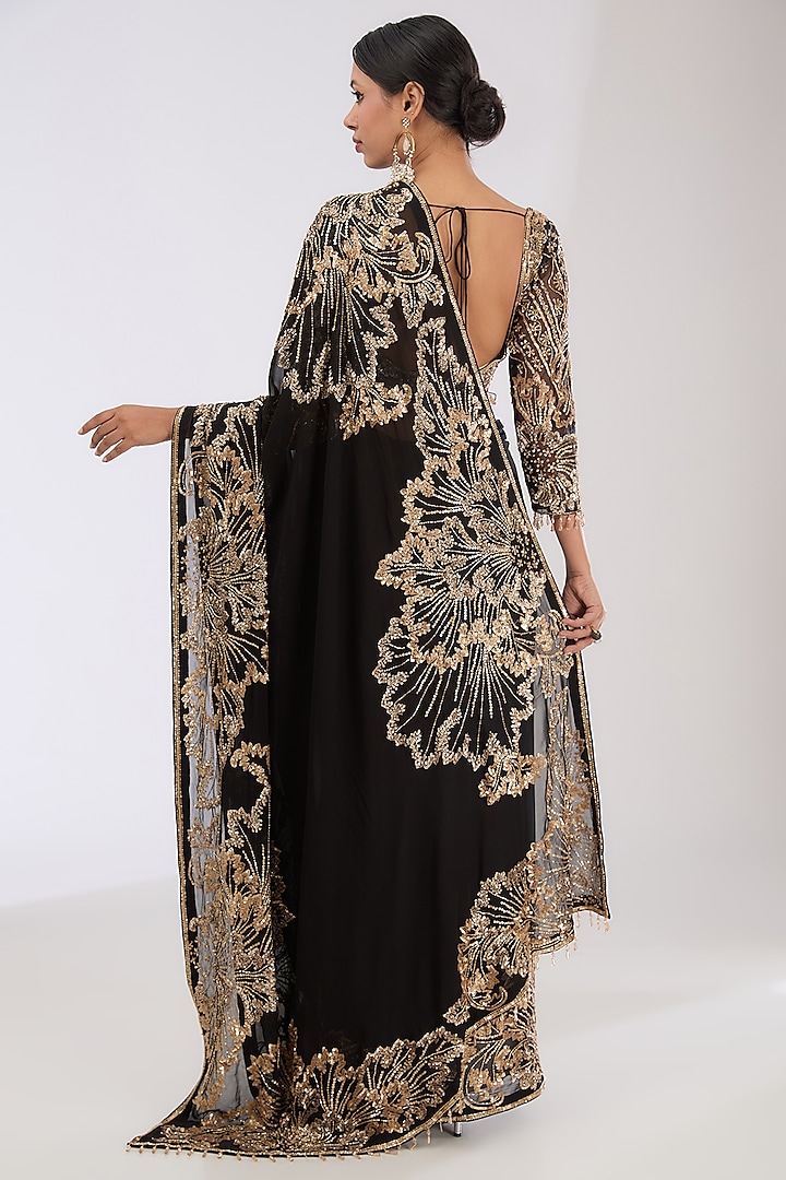 Black & Gold Georgette Hand Embroidered Reception Saree Set by OPUS ATELIER at Pernia's Pop Up Shop