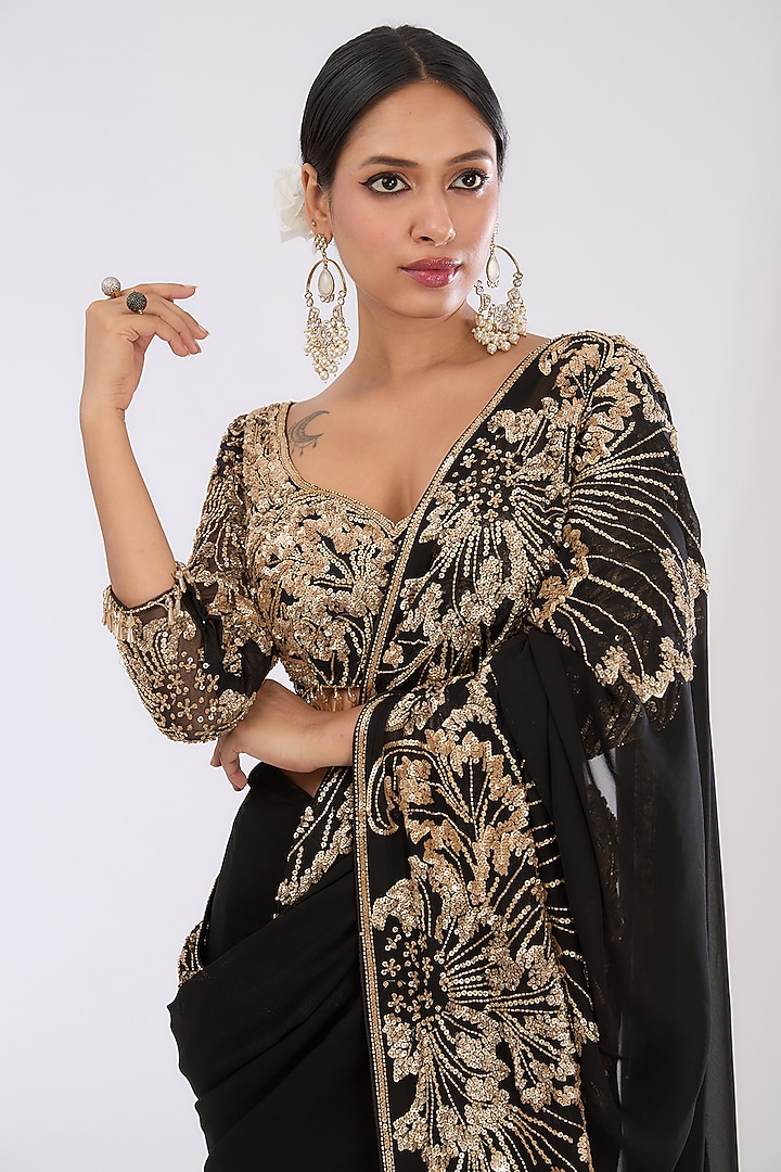 Black & Gold Georgette Hand Embroidered Reception Saree Set by OPUS ATELIER at Pernia's Pop Up Shop