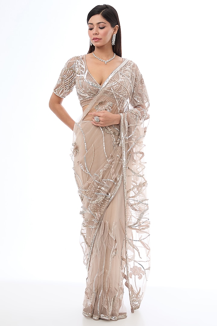 Ash Peach Tulle Net Sequins Hand Embroidered Saree Set by OPUS ATELIER