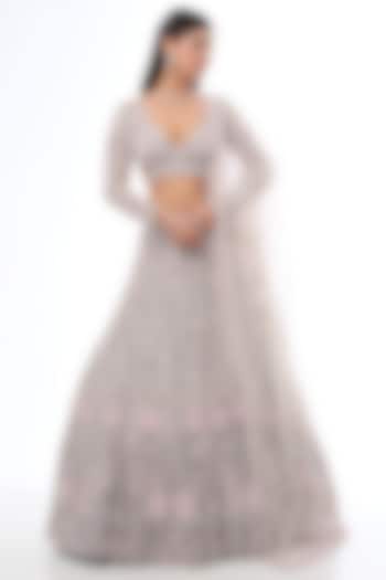 Ash Grey-Pink Tulle Net Sequins Hand Embroidered Lehenga Set by OPUS ATELIER