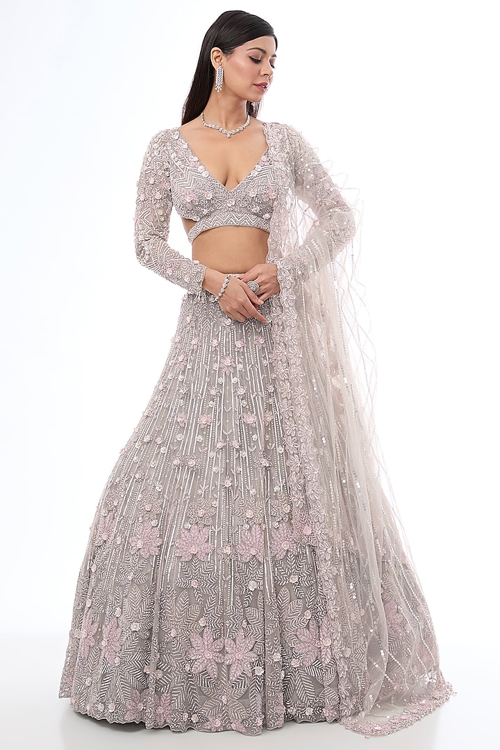 Ash Grey-Pink Tulle Net Sequins Hand Embroidered Lehenga Set by OPUS ATELIER
