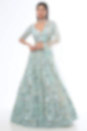 Aqua Tulle Net Sequins Hand Embroidered Lehenga Set by OPUS ATELIER