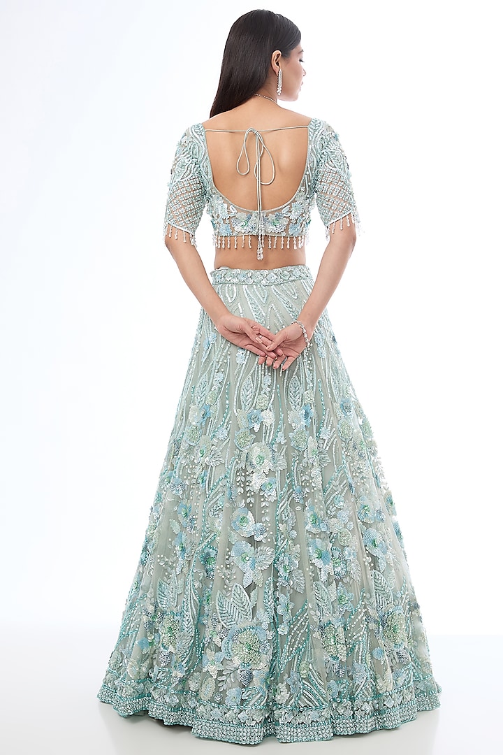 Aqua Tulle Net Sequins Hand Embroidered Bridal Lehenga Set by OPUS ATELIER at Pernia's Pop Up Shop