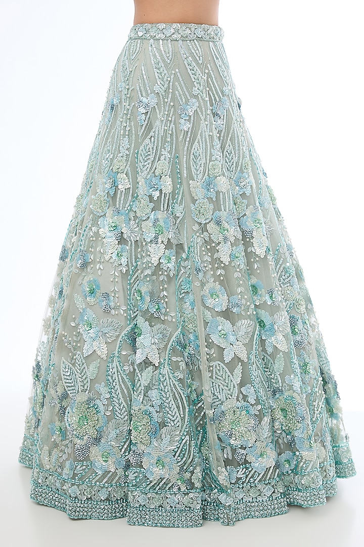 Aqua Tulle Net Sequins Hand Embroidered Bridal Lehenga Set by OPUS ATELIER at Pernia's Pop Up Shop