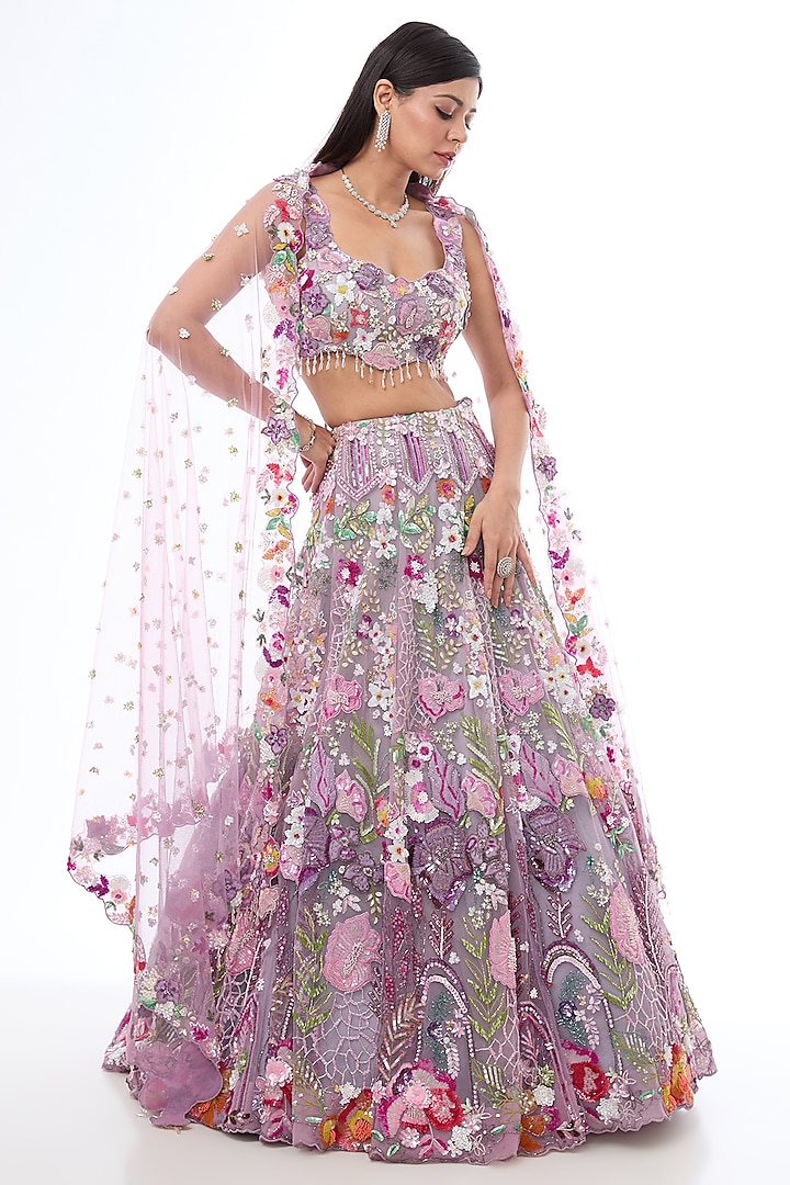 Multi-Colored Tulle Net Sequins Hand Embroidered Lehenga Set by OPUS ATELIER