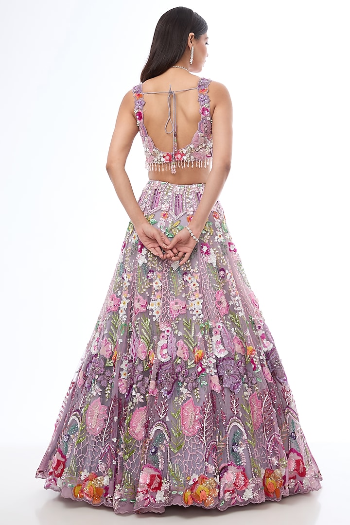 Multi-Colored Tulle Net Sequins Hand Embroidered Bridal Lehenga Set by OPUS ATELIER at Pernia's Pop Up Shop