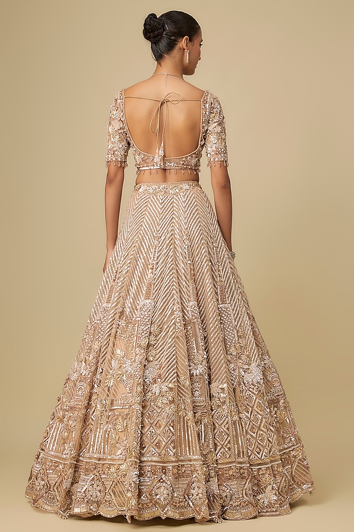 Gold Net Sequins & Crystal Hand Embroidered Bridal Lehenga Set by OPUS ATELIER at Pernia's Pop Up Shop