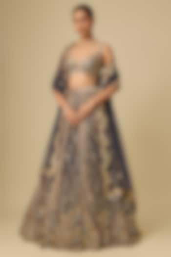 Navy Blue & Gold Net Hand Embroidered Bridal Lehenga Set by OPUS ATELIER at Pernia's Pop Up Shop