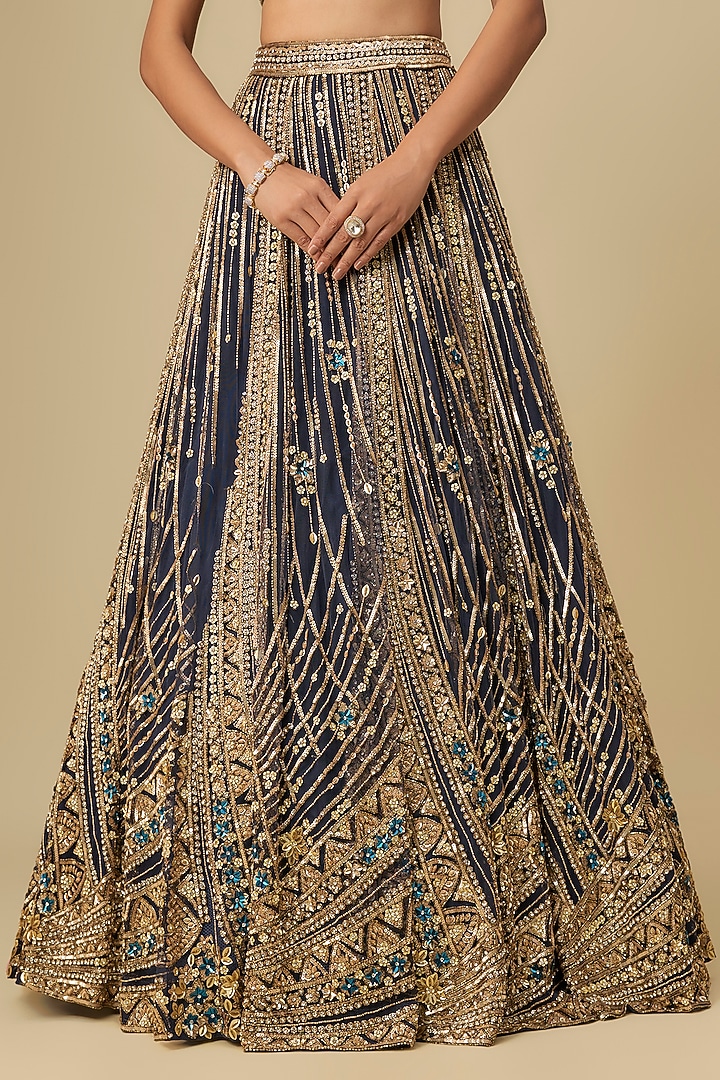 Navy Blue & Gold Net Hand Embroidered Bridal Lehenga Set by OPUS ATELIER at Pernia's Pop Up Shop