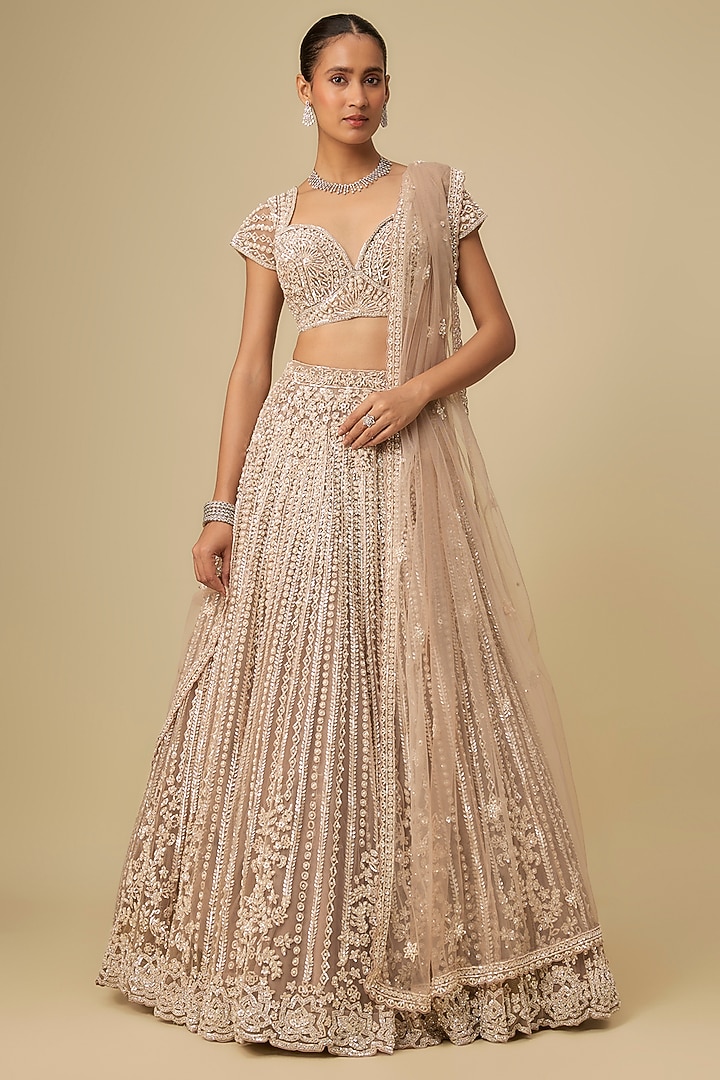 Pinkish Grey Net Sequins & Crystal Hand Embroidered Bridal Lehenga Set by OPUS ATELIER at Pernia's Pop Up Shop