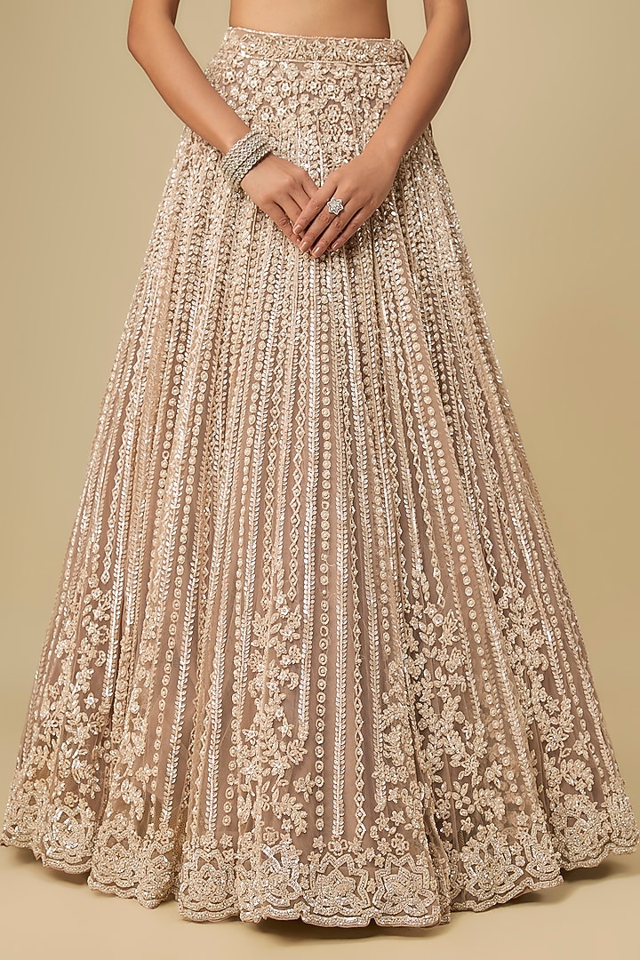 Pinkish Grey Net Sequins & Crystal Hand Embroidered Bridal Lehenga Set by OPUS ATELIER at Pernia's Pop Up Shop