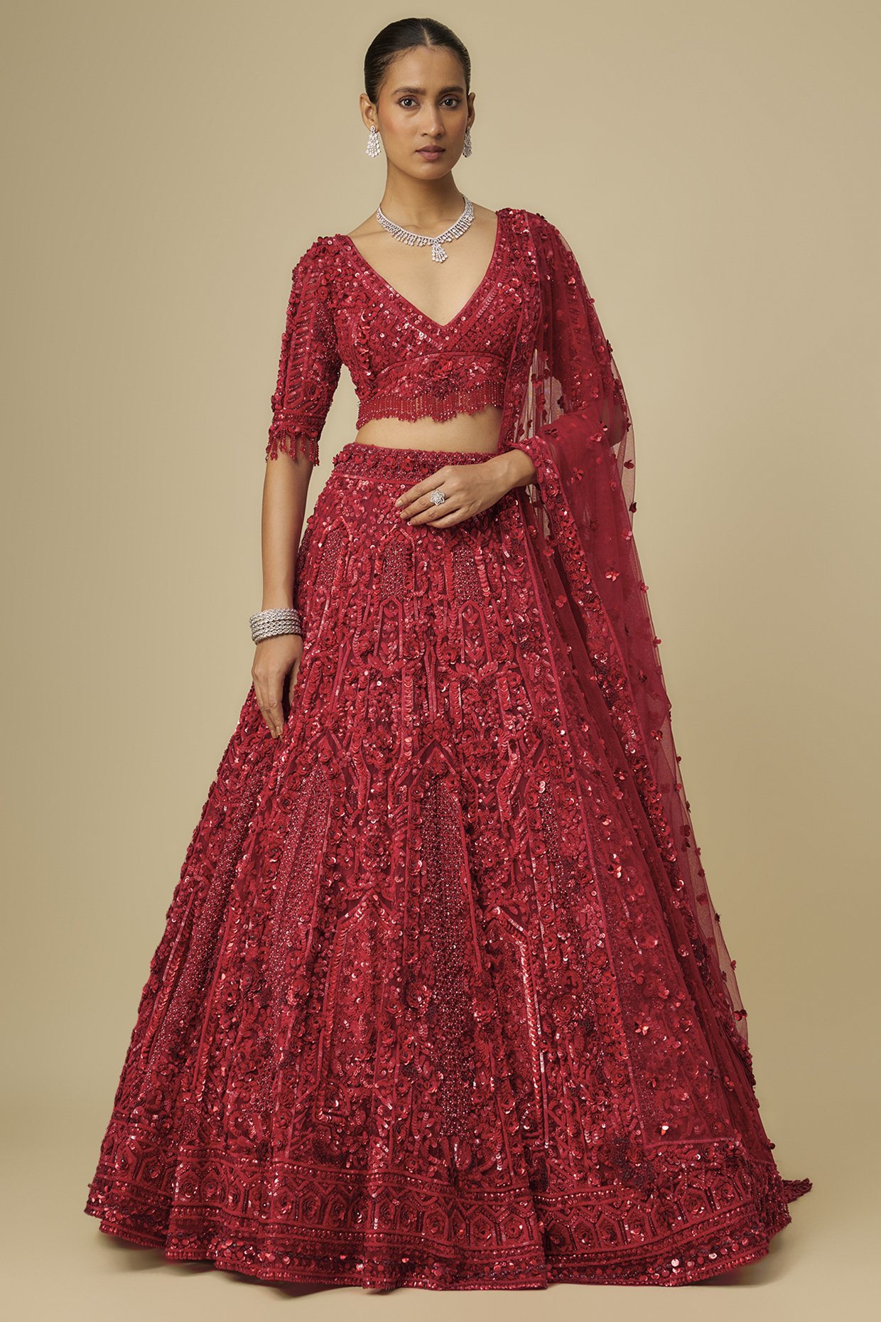 Red Net Hand Embroidered Bridal Lehenga Set by OPUS ATELIER at Pernia's Pop Up Shop