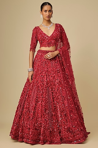 Red Net Hand Embroidered Lehenga Set by OPUS ATELIER