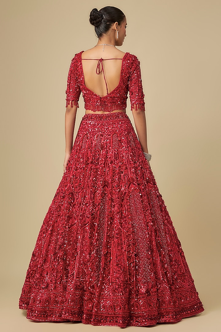 Red Net Hand Embroidered Bridal Lehenga Set by OPUS ATELIER at Pernia's Pop Up Shop