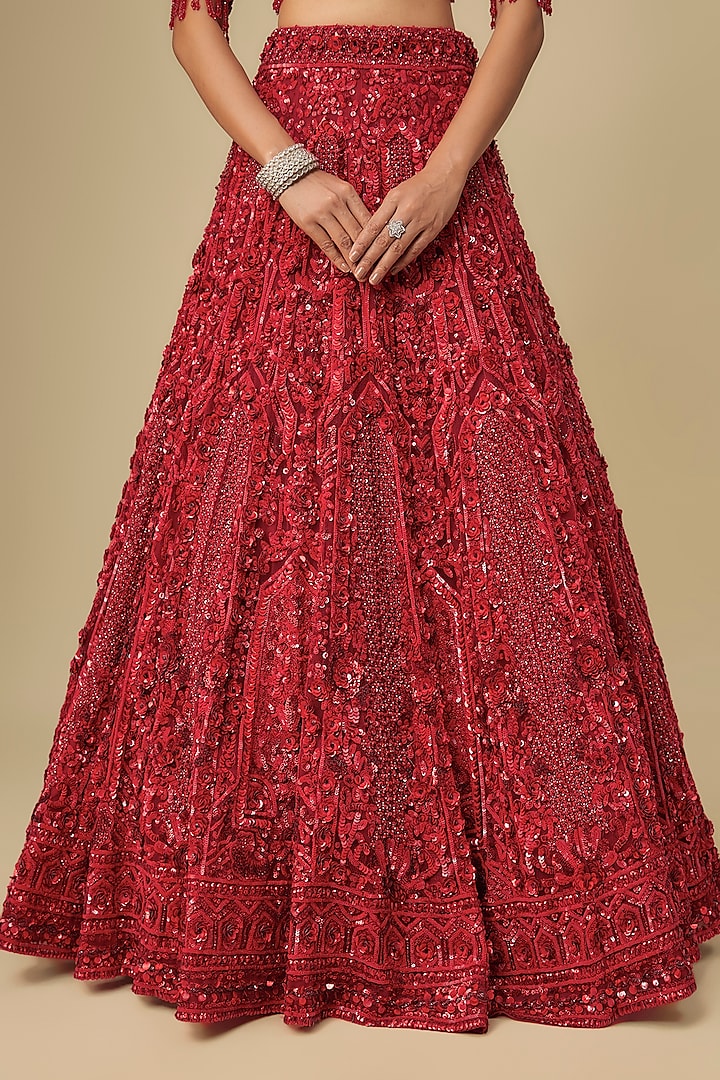 Red Net Hand Embroidered Bridal Lehenga Set by OPUS ATELIER at Pernia's Pop Up Shop
