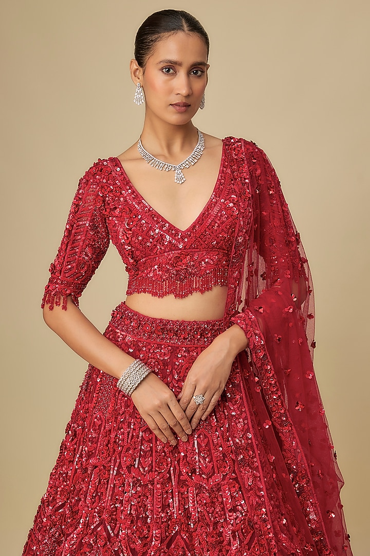 Red Net Hand Embroidered Bridal Lehenga Set by OPUS ATELIER at Pernia's Pop Up Shop