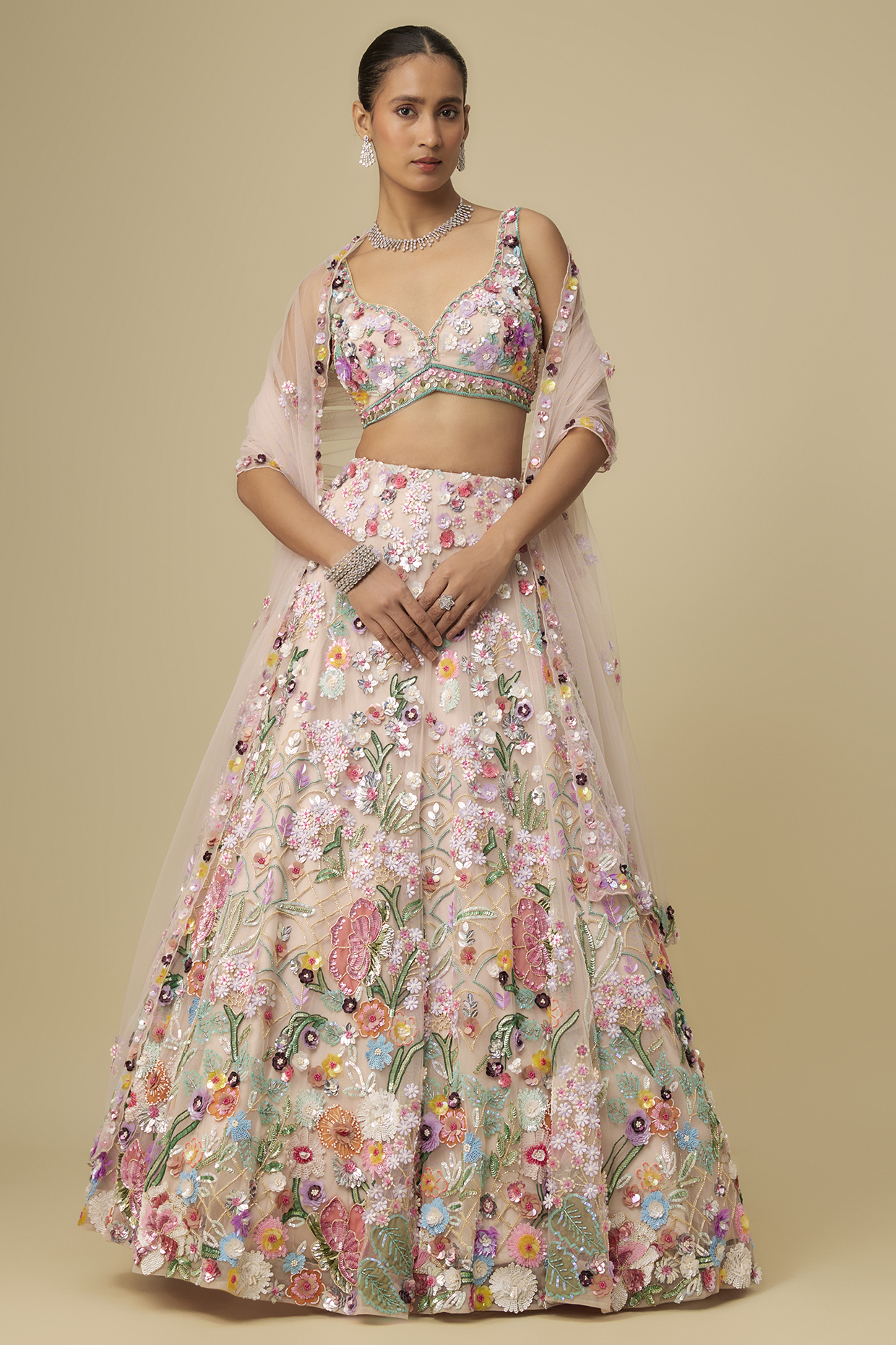 Soft Pink & Multi-Colored Net Hand Embroidered Bridal Lehenga Set by OPUS ATELIER at Pernia's Pop Up Shop