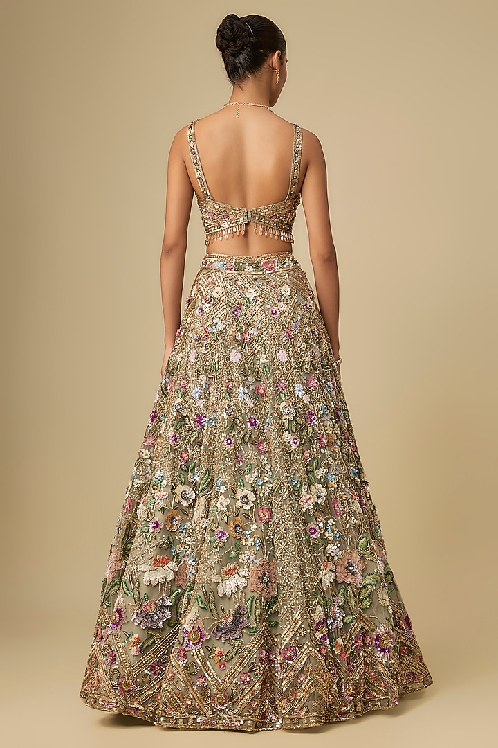 Multi-Colored Net Hand Embroidered Bridal Lehenga Set by OPUS ATELIER at Pernia's Pop Up Shop