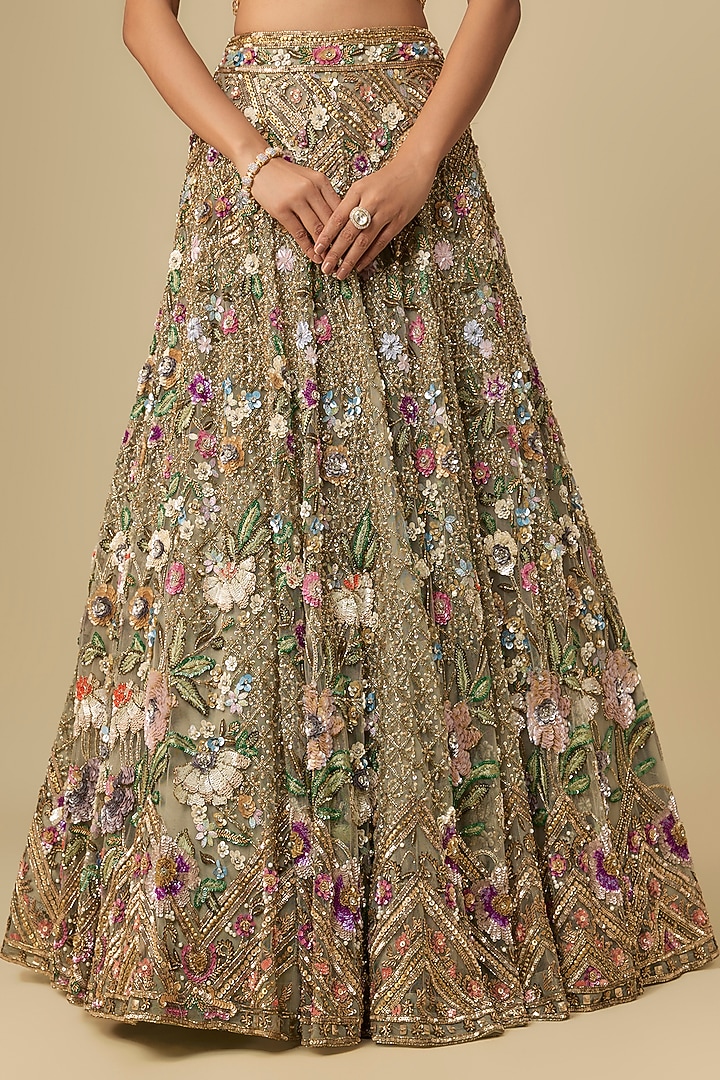 Multi-Colored Net Hand Embroidered Bridal Lehenga Set by OPUS ATELIER at Pernia's Pop Up Shop