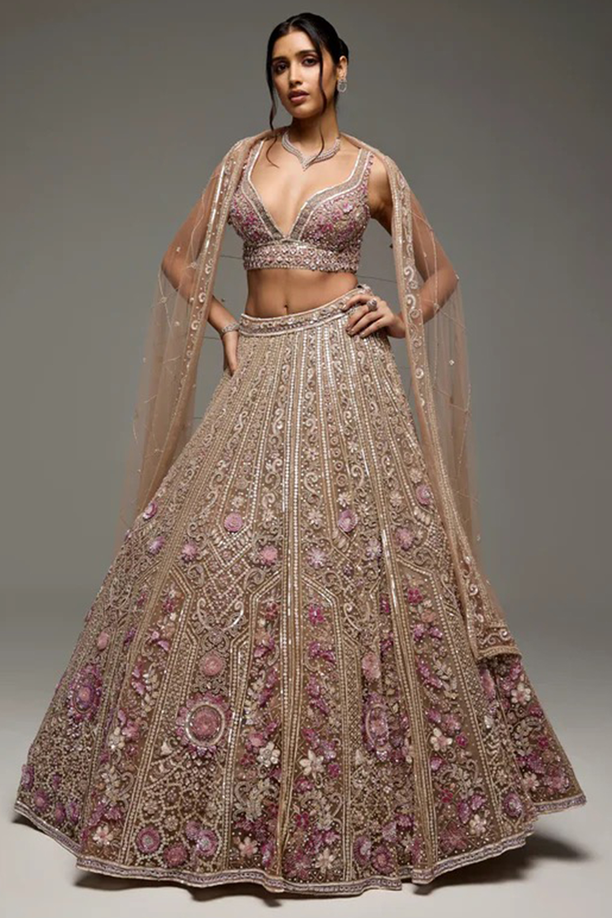 Mauve Tulle Net Sequins Embroidered Bridal Lehenga Set by OPUS ATELIER at Pernia's Pop Up Shop