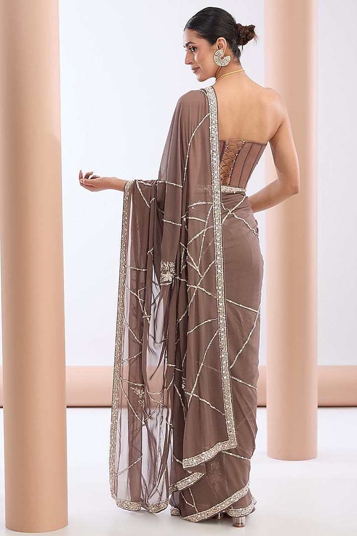 Brown Georgette & Crepe Sequins Embroidered Wedding Saree Set by OPUS ATELIER at Pernia's Pop Up Shop