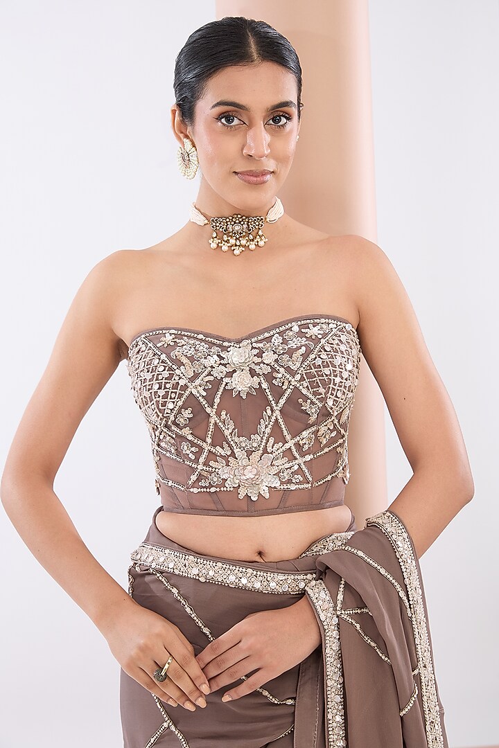 Brown Georgette & Crepe Sequins Embroidered Wedding Saree Set by OPUS ATELIER at Pernia's Pop Up Shop