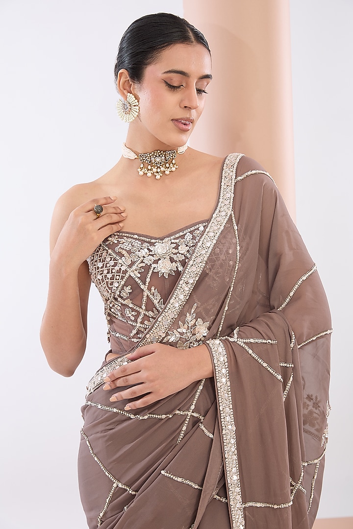 Brown Georgette & Crepe Sequins Embroidered Wedding Saree Set by OPUS ATELIER at Pernia's Pop Up Shop